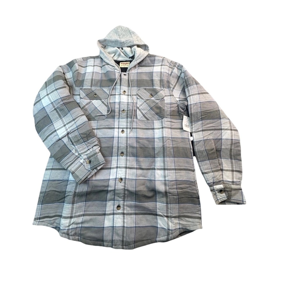 Wrangler Authentics Mens Plaid Quilted Lined Flannel Hooded Shirt Jacket Grey L